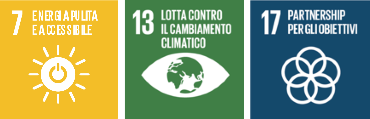 Rappresentazione degli obiettivi per lo Sviluppo Sostenibile dell'Agenda 2030: 7. Energia pulita e accessibile, 13. Lotta contro il cambiamento climatico, 17. Partnership per gli obiettivi