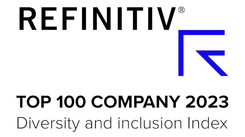 Badge rappresentativo TOP 100 COMPANY 2023. Testo Inglese presente sul badge: REFINITIV. TOP 100 COMPANY 2022. Diversity and Inclusion Index